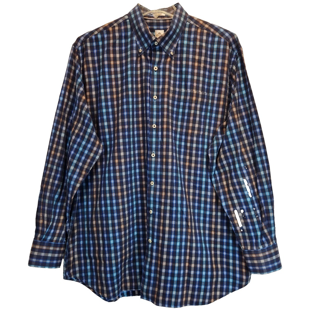 Peter Millar Mens Long Sleeve Button Down Plaid Sport Shirt Blue Orange Size XXL